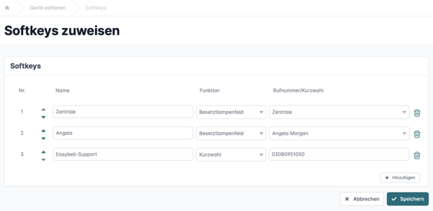 Softkeys einrichten ACS Softkey-Einstellungen in ACSv mit Besetztlampenfeldern und Kurzwahl zum Easybell-Support