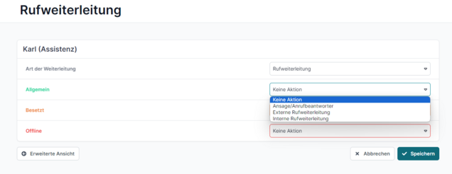 Um eine Rufweiterleitung f&uuml;r eine Nebenstelle einzurichten, muss entschieden werden, ob man den Anrufer via Ansage bzw. Anrufbeantworter oder an eine externe bzw. interne Nummer weiterleiten m&ouml;chte.